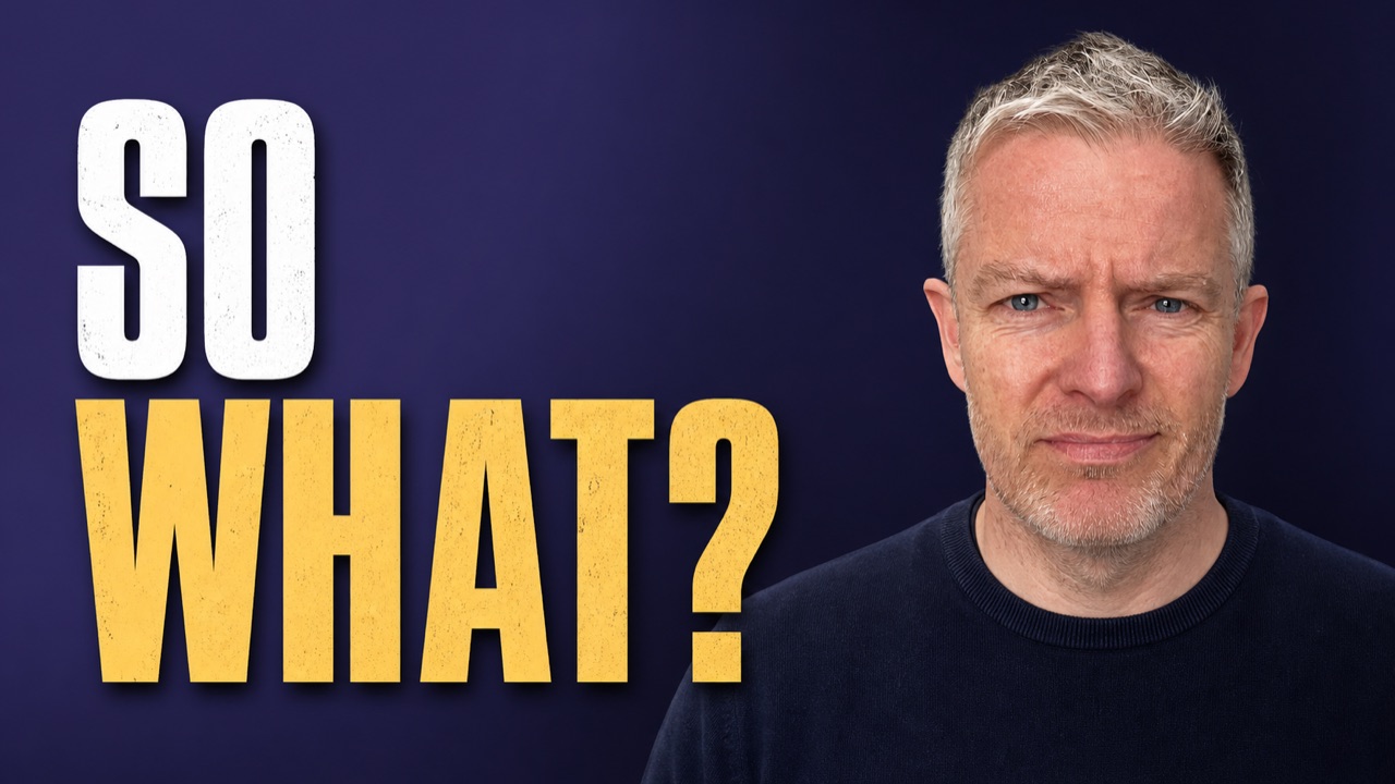 Video still: Ciaran O'Donnell beside the words So what?