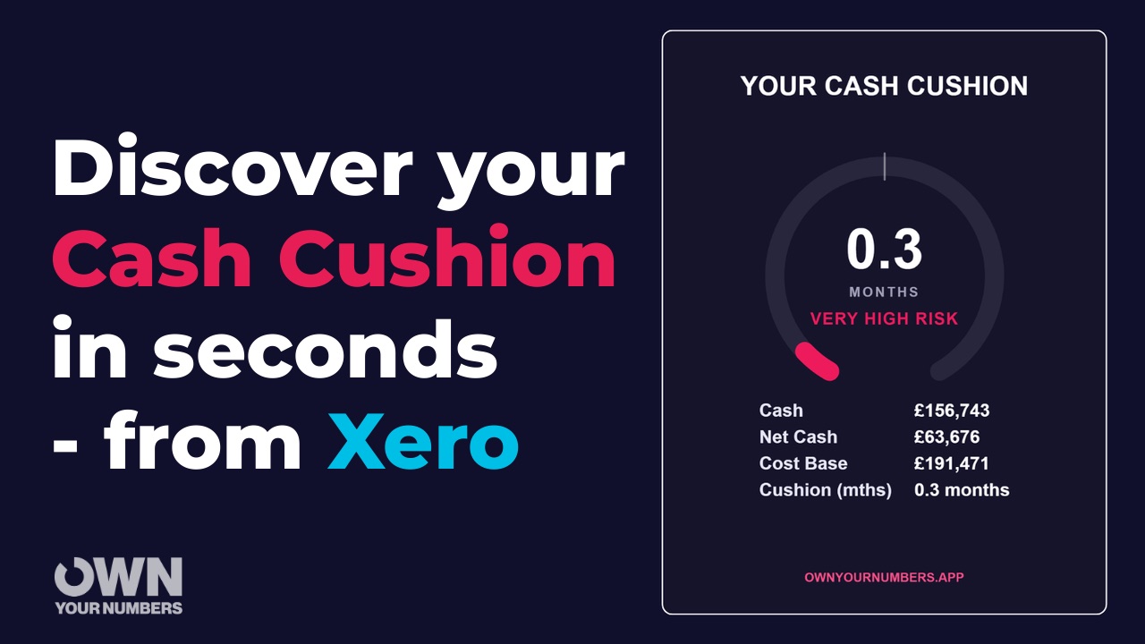 Demo film still: the words Discover your cash cushion in seconds, from Xero, beside a cash cushion gauge reading 0.3 months at very high risk.