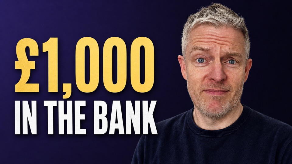 Video still: Ciaran O'Donnell beside the words £1,000 in the bank.