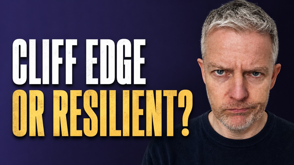 Video still: Ciaran O'Donnell beside the words cliff edge or resilient.